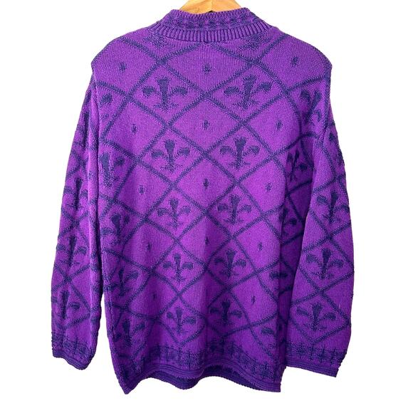 Garan by Marita Vintage Made in USA Purple Fleur De Lis Mock Neck Sweater Size M - Picture 2 of 8